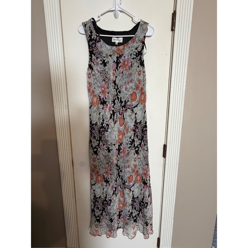 Studio I Womens Floral Chiffon Sleeveless Maxi Dress Black Orange Pink Size 16